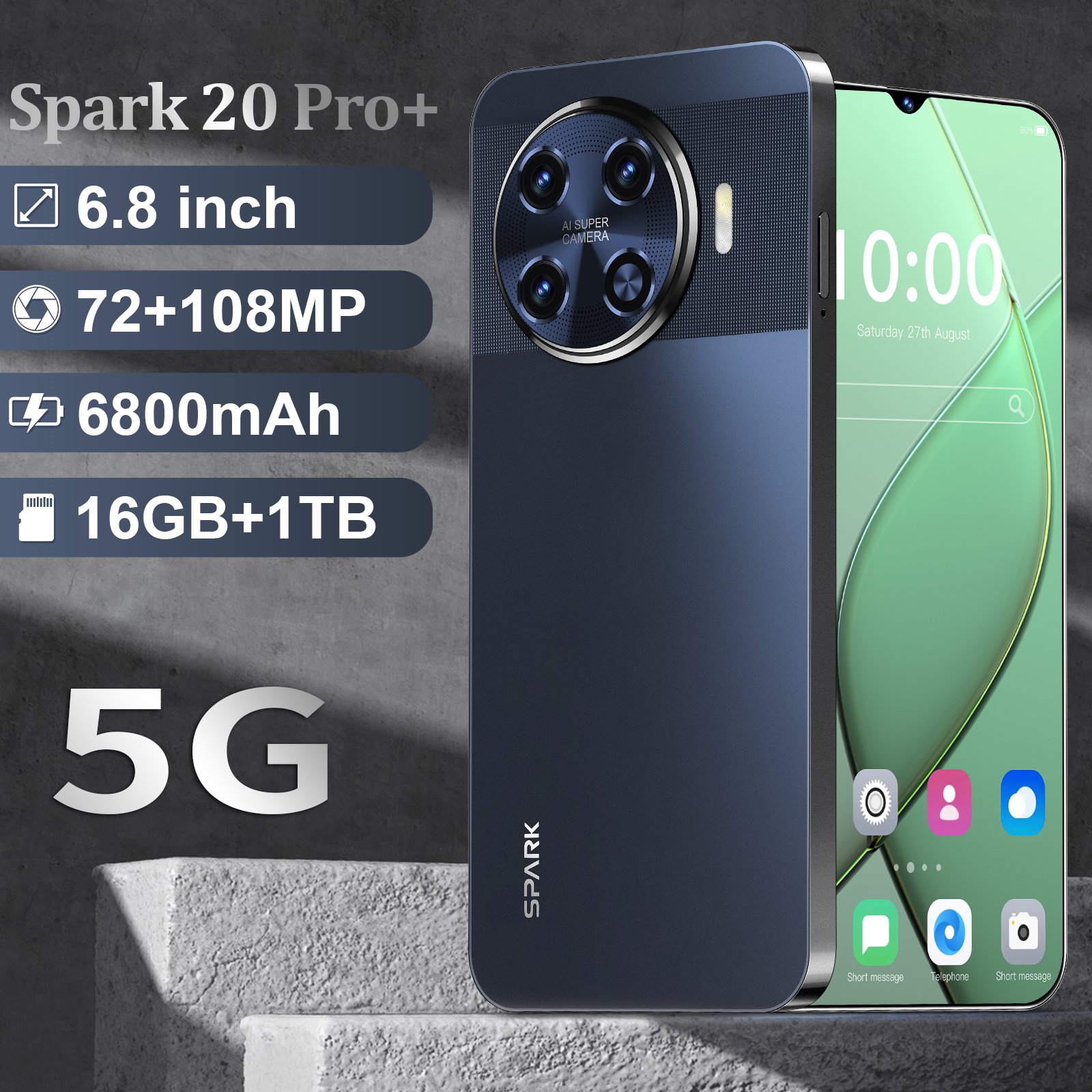 HSDF-Spark 20 Pro+ 16GB+1TB 6.8inch dual sim card android 14 smart phone